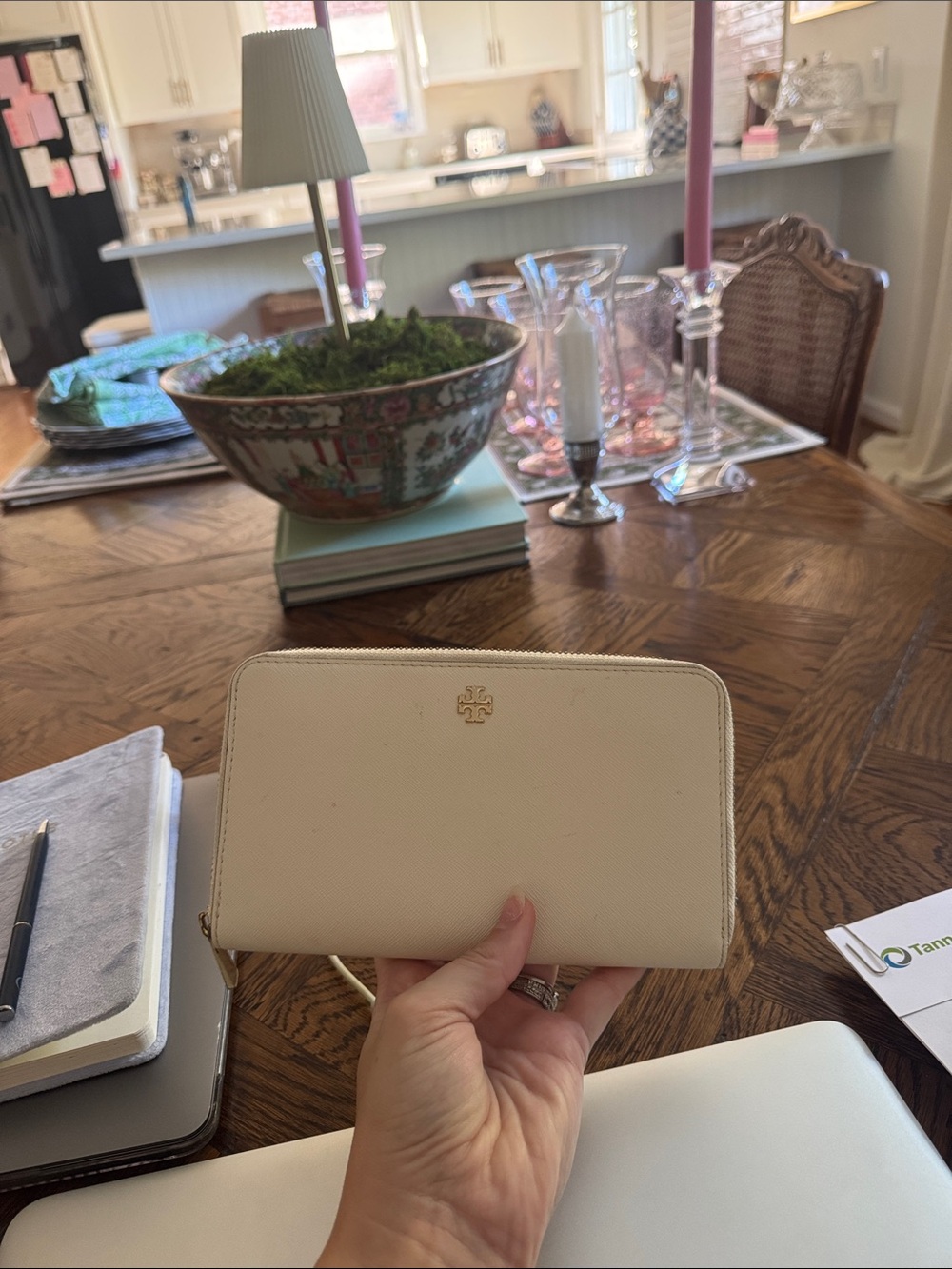 Tory Burch Cream Zip-Around Leather Wallet with Gold Logo